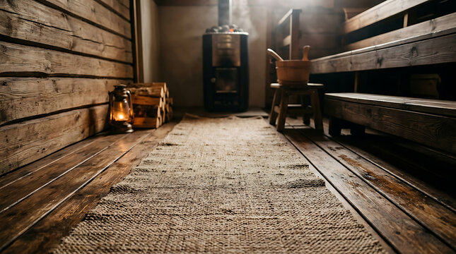 Rustic Traditional Finnish Sauna Interior with Wooden Benches, Heating Stove, and Cozy Atmosphere
