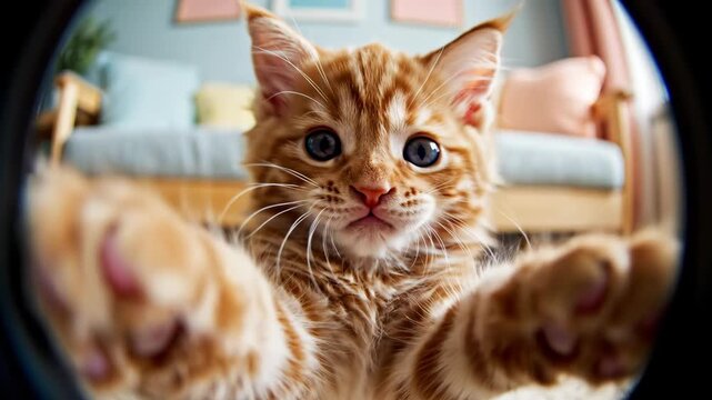 Close-up of a ginger kitten with large blue eyes reaching forward with its paws.