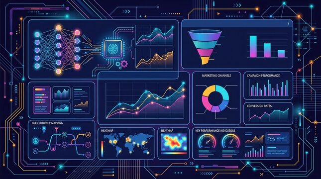 Digital marketing dashboard interface with data visualization and analytics reporting