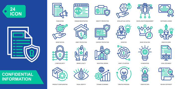 Confidential Information icon collection set. Publication,Domain Registration,Identity Protection,Intellectual Capital. Line Color Vector Icons