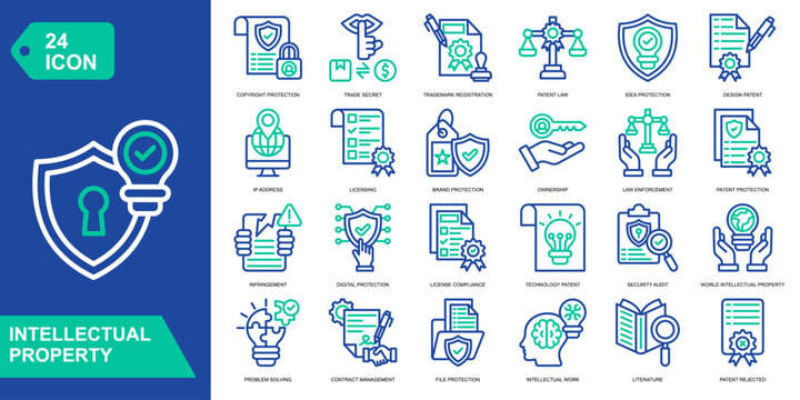 Intellectual Property icon collection set. Copyright Protection,Trade Secret,Trademark Registration,Patent Law. Line Color Vector Icons
