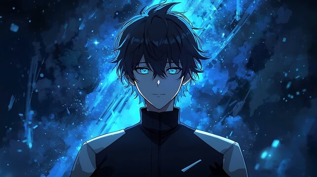Anime style portrait of a handsome young man with glowing blue eyes and magical energy particles in a dark futuristic space background