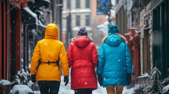 Three women in colorful winter coats walk down a snowy alleyway in a city.