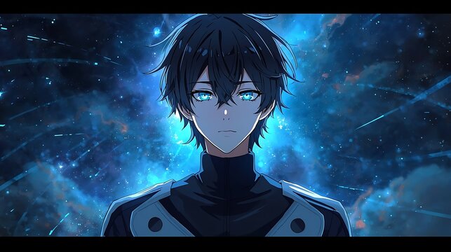 Anime style illustration of a handsome young man with glowing blue eyes in deep space