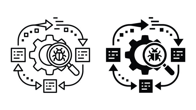 Software debugging and technical issue detection magnifying glass icon