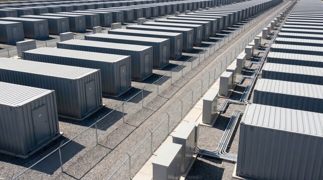 Battery storage containers aligned in renewable energy yard for utility upgrade