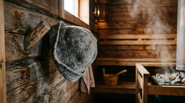 Traditional Finnish Sauna Interior with Rustic Wooden Walls, Felt Sauna Hat, and Rising Steam for Wellness and Relaxation