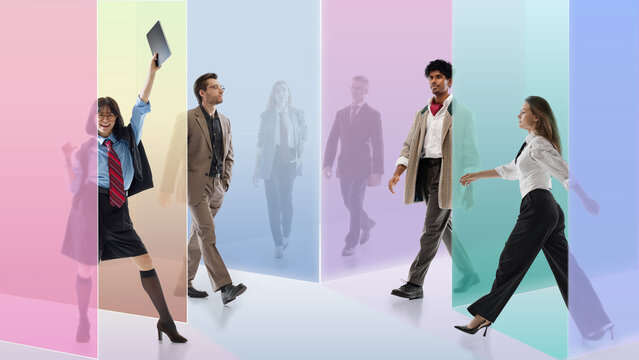 Stylish candidates move through colorful panels for HR selection and talent pool. Concept of recruitment platforms, candidate profiles, open roles, and workforce planning.