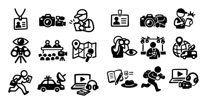 Journalism and field work icon set with on site presence event coverage and active assignment for branding in hand-drawn doodle style