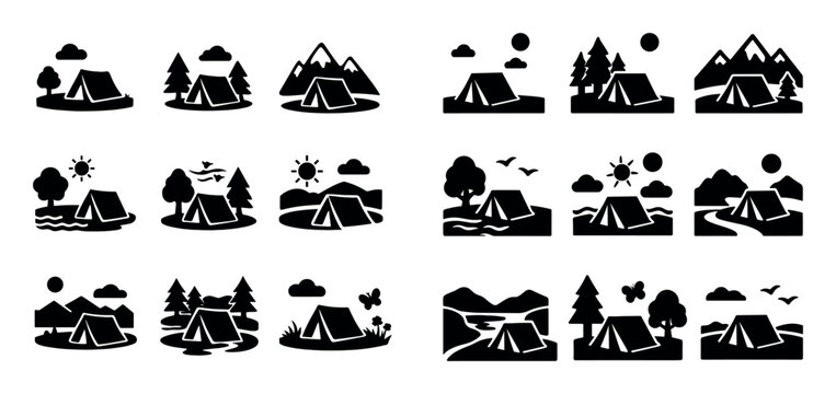 Nature and outdoors icon set with outdoor scenery open environment and forest edge for presentation design in filled glyph style