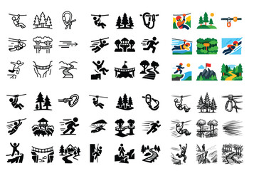 Fototapeta premium Zipline and outdoor adventure vector icons with harness, cable and forest for dashboard design in hand drawn illustration style