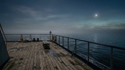 Obraz premium Ferry deck overlooking calm misty ocean under crescent moon at night