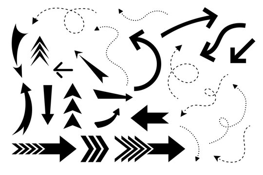 Arrow icons and directional pointer collection with curved, dashed and straight arrows. Vector navigation symbols, motion paths and direction indicators for infographics, UI, maps and design.