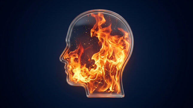 Human head silhouette filled with burning fire representing stress and passion