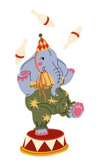 Fototapeta premium Hand drawn illustration of cute circus elephant juggling clubs on podium isolated on a white background. circus performance. Flat contour artwork, perfect for kids celebration card or festival design