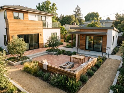 Shared backyard courtyard between main house and accessory dwelling unit