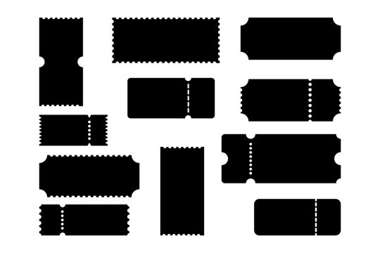 Blank ticket templates collection with coupon, voucher and admission ticket shapes. Perforated vector stubs in various styles for events, cinema, raffle, discounts, promotions and design.