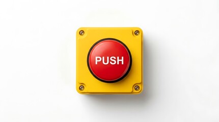 Red push button on a yellow square base for emergency stop or alarm activation