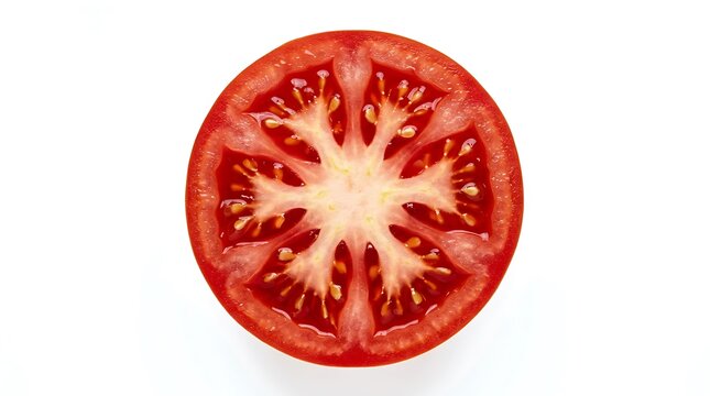 Fresh red tomato slice showing seeds and juicy pulp inside