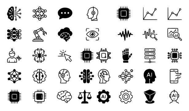 Artificial intelligence vector icons collection featuring machine learning deep learning technology and brain data symbols isolated on white background