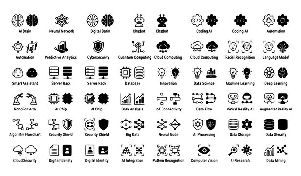 Artificial intelligence vector icon set featuring labeled technology symbols for machine learning data science and automation isolated on white background