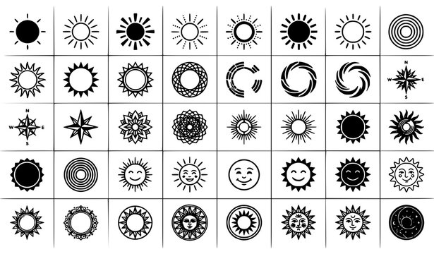 Minimalist black and white sun vector icons set featuring decorative mandalas compass roses and smiling faces isolated on white background