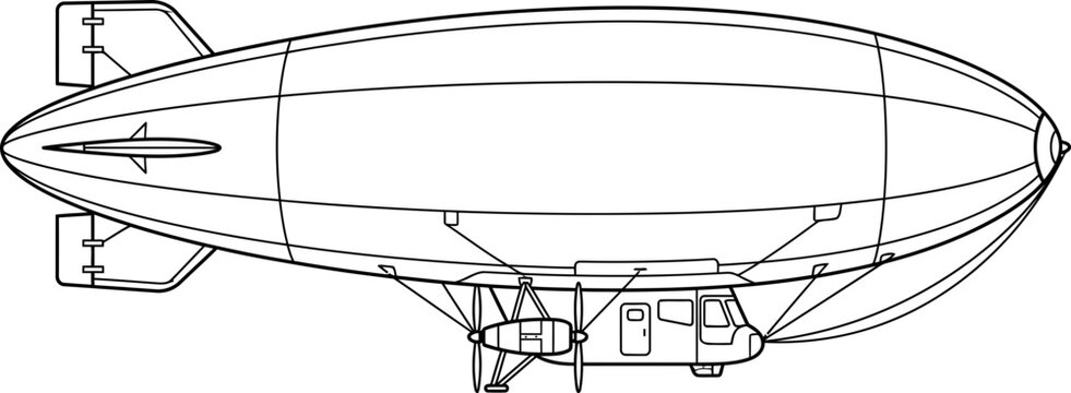 Line art illustration of a classic blimp dirigible airship with propellers and gondola