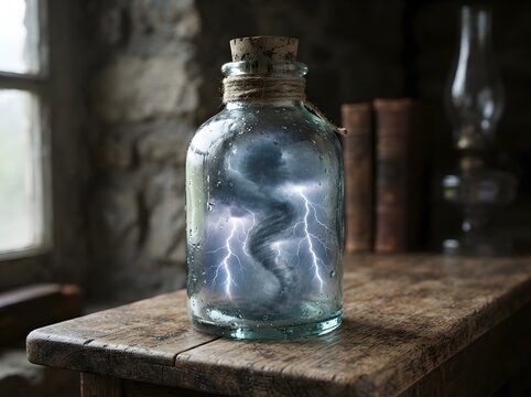 Thunderstorm captured inside glass bottle on rustic table.