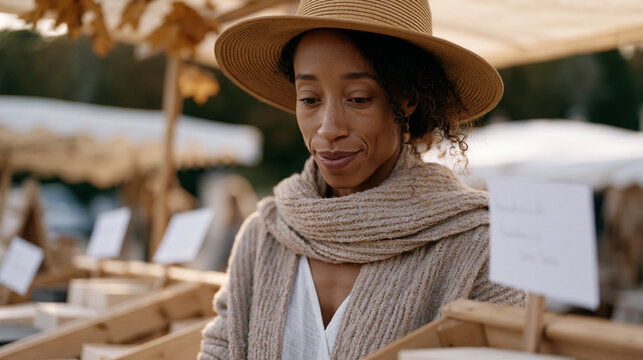 Ghanaian woman entrepreneur unpacking handmade ceramic goods at a sunlit weekend farmers market stall, price tags in her handwriting visible, autumn leaves drifting past wooden
