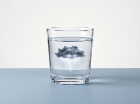 Glass of water with tiny storm cloud for mood and stress concept
