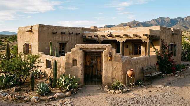 Traditional adobe house with cactus plants in the desert landscape under a blue sky. southwestern adobe home