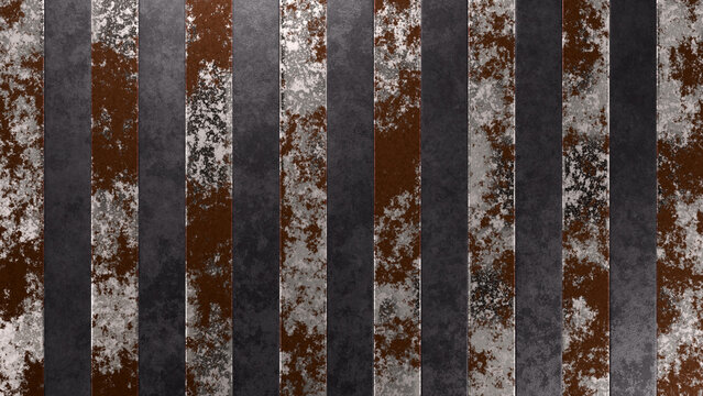 Vertical Rusty Metal and Concrete Black panels. 3D Rendered Striped Texture Background.