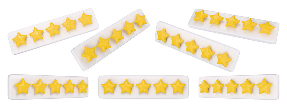 A 3D rendered set of five yellow stars mounted on white panels. Customer review and rating mockup.