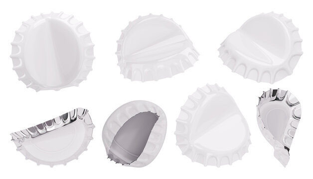 Set of Blank Bent White Metal Bottle Caps in Multiple Angles. 3D rendered mockup.