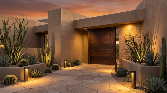 Modern luxury house entrance with warm outdoor lighting and desert landscaping at night. arizona modern home