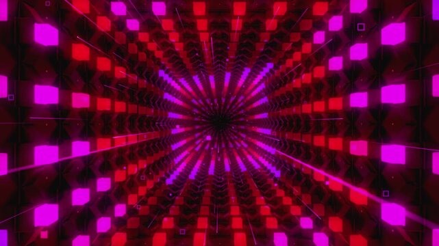 Hypnotic loop of a futuristic geometric tunnel. Abstract digital vortex made of squaring lattice segments, aligned cube arrays and complex data structures, creating deep astrophysics science backdrop