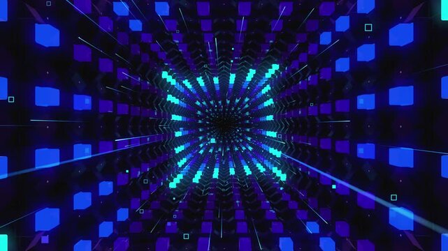 Hypnotic loop of a futuristic geometric tunnel. Abstract digital vortex made of squaring lattice segments, aligned cube arrays and complex data structures, creating deep astrophysics science backdrop