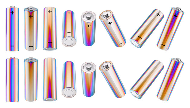 3D Rendered Collection of Blank Iridescent Holographic AA Batteries in Multiple Angles.