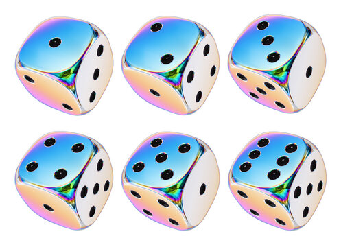 Isolated set of Shiny Iridescent Holographic Dice. 3D Rendered design for Casino or Gambling.