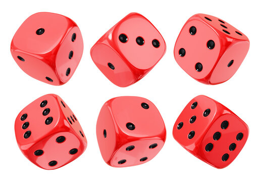 Isolated set of classic glossy red casino dice floating in various angles. 3D rendered design for board games and gambling.