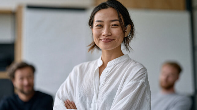 Vietnamese woman with a visible hearing aid confidently facilitating a corporate strategy session at a whiteboard, disability inclusion in leadership, invisible and visible