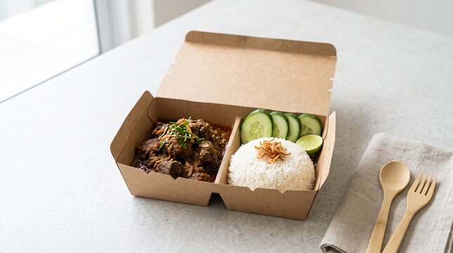 Traditional Rendang Minang in sustainable takeaway packaging, ideal for restaurant branding, food delivery services, hospitality marketing, and advertising.