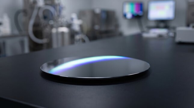 Silicon wafer reflection on dark workbench for semiconductor sourcing concept