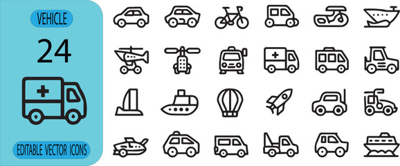 Modern Vehicle Transportation Line Icons Set with Cars Emergency Transport Aircraft Marine Editable Outline Vector Collection for Digital Design © Mst