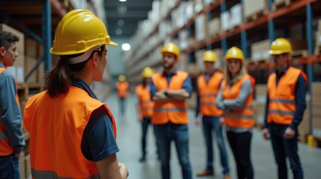 Una responsable de seguridad muestra a los empleados del almac&eacute;n los procedimientos adecuados de evacuaci&oacute;n de emergencia antes de comenzar un simulacro