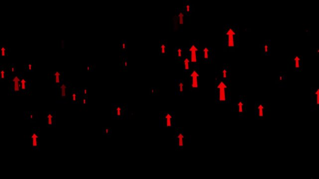 Rising red arrow pointing up animation on black background arrow moving upward direction for market analytics financial report business growth corporate strategy success concept video footage loop