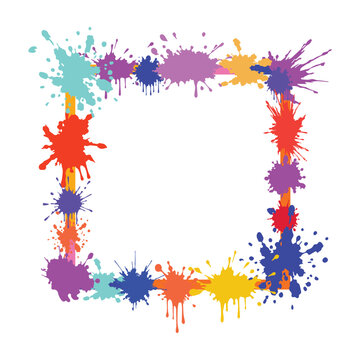 Vibrant paint splashes and drips creating a playful square border, ideal for creative projects, celebrations, and artistic themes on a white background