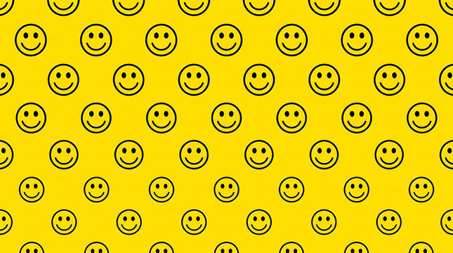 Seamless yellow pattern background featuring black smiley faces for joyful graphic design projects