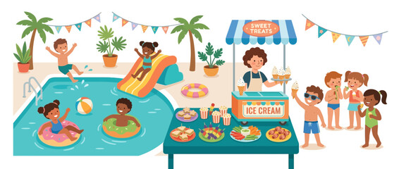 Obraz premium Summer Pool Party Fun: Kids Enjoying Swimming, Sliding, and Ice Cream Treats