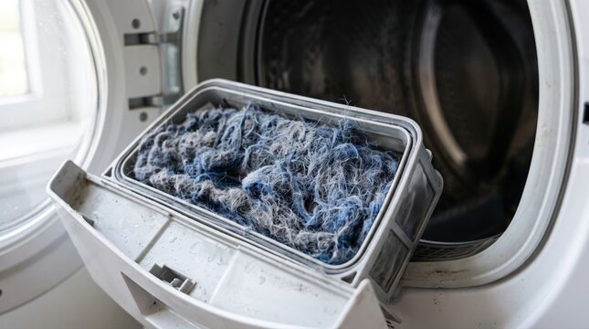 Synthetic fleece fibers packed in washing machine lint trap close-up